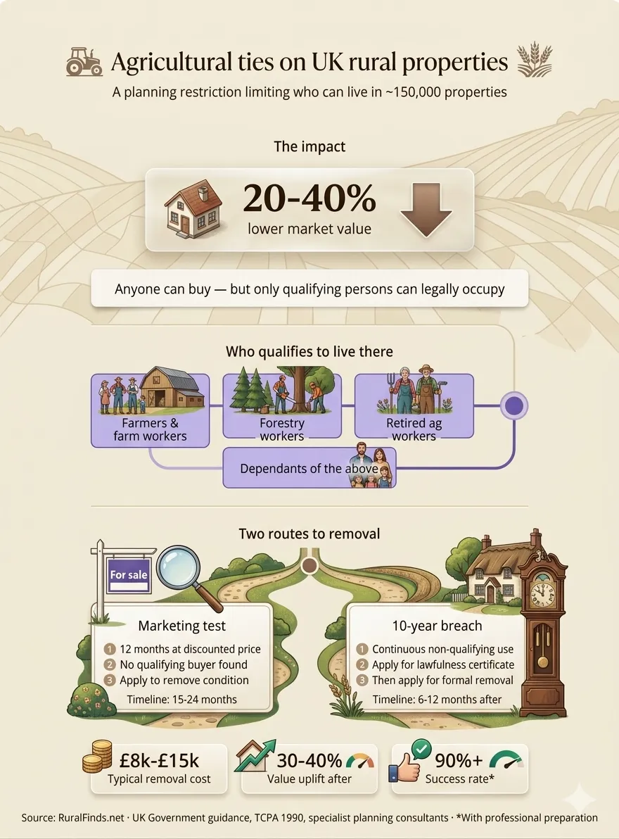 Infographic illustrating the impact of agricultural ties on rural properties in the UK