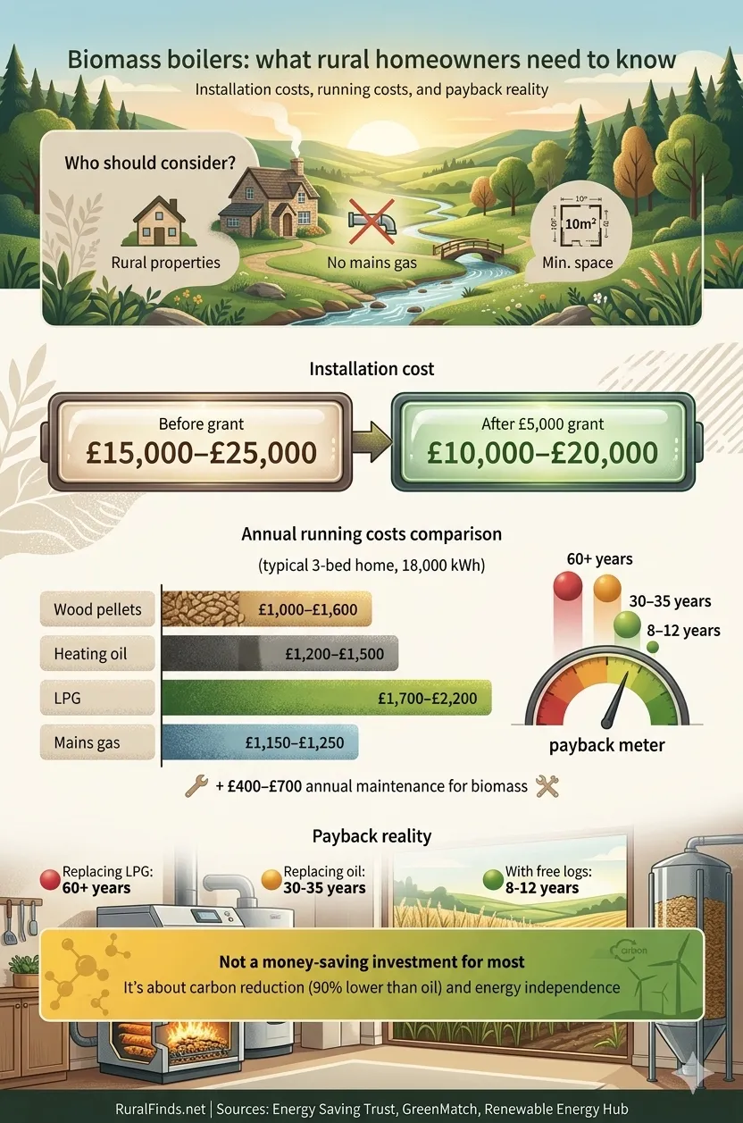 Infographic illustrating the range of biomass boiler systems available for rural UK properties, including installation options, running costs, and government grants.