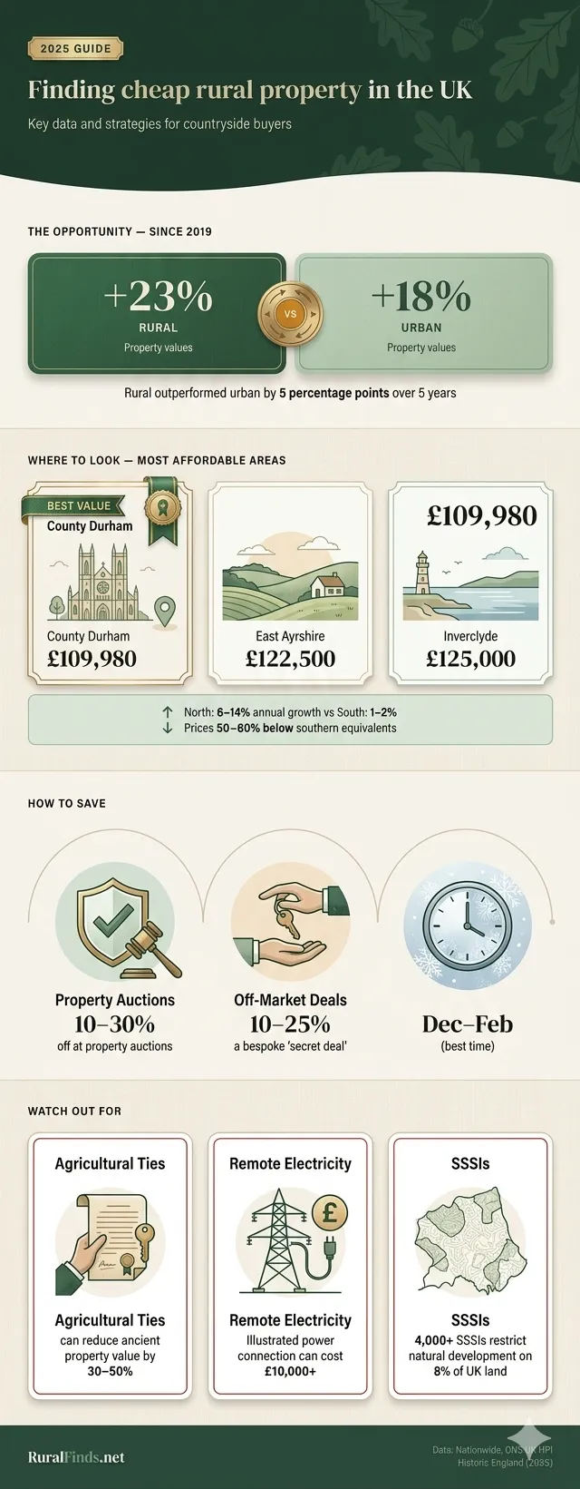 Infographic showing key strategies for finding cheap rural properties in the UK, including regional hotspots, specialised platforms, auction tips, and legal considerations.