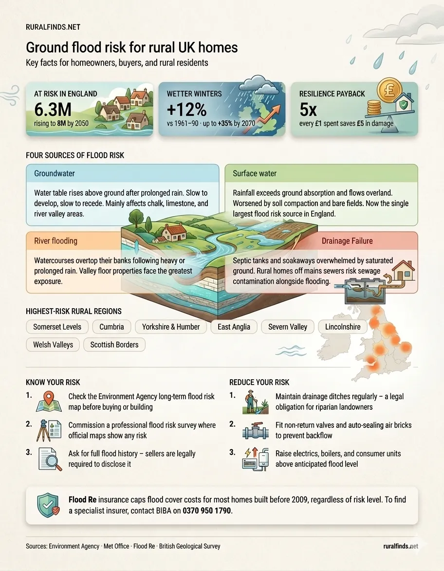 Infographic illustrating the various types of flooding that affect rural homes in the UK, including groundwater, surface water, drainage, river, and coastal flooding, along with key risk factors and mitigation strategies.