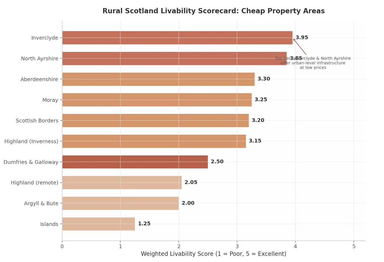 Livability scorecard comparison across cheap rural areas