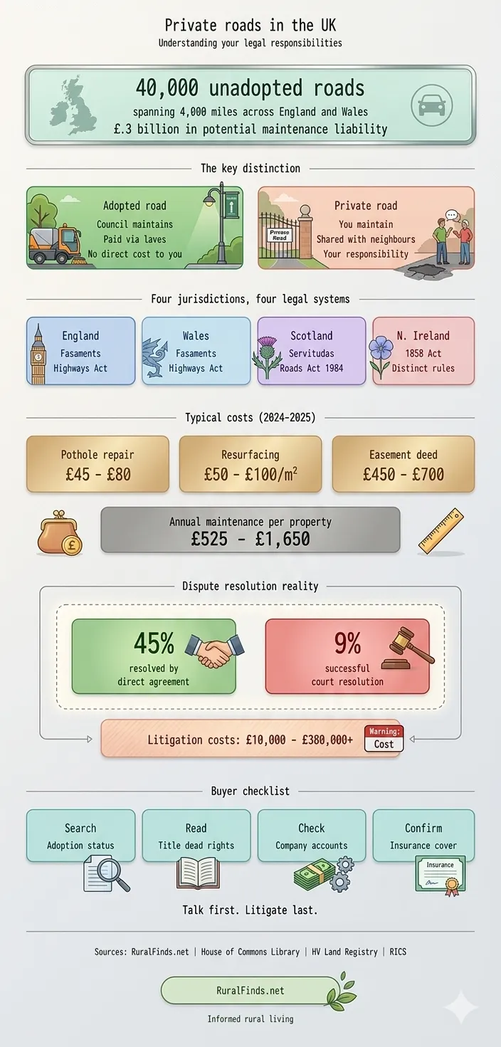 Infographic illustrating the legal responsibilities, maintenance obligations, and access rights associated with private roads in the UK.