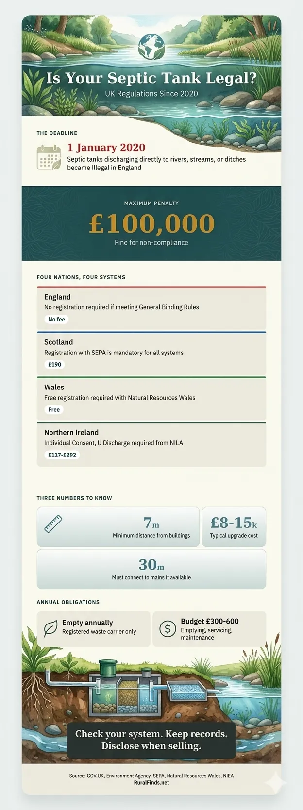 Infographic illustrating the key septic tank regulations in the UK for 2026.