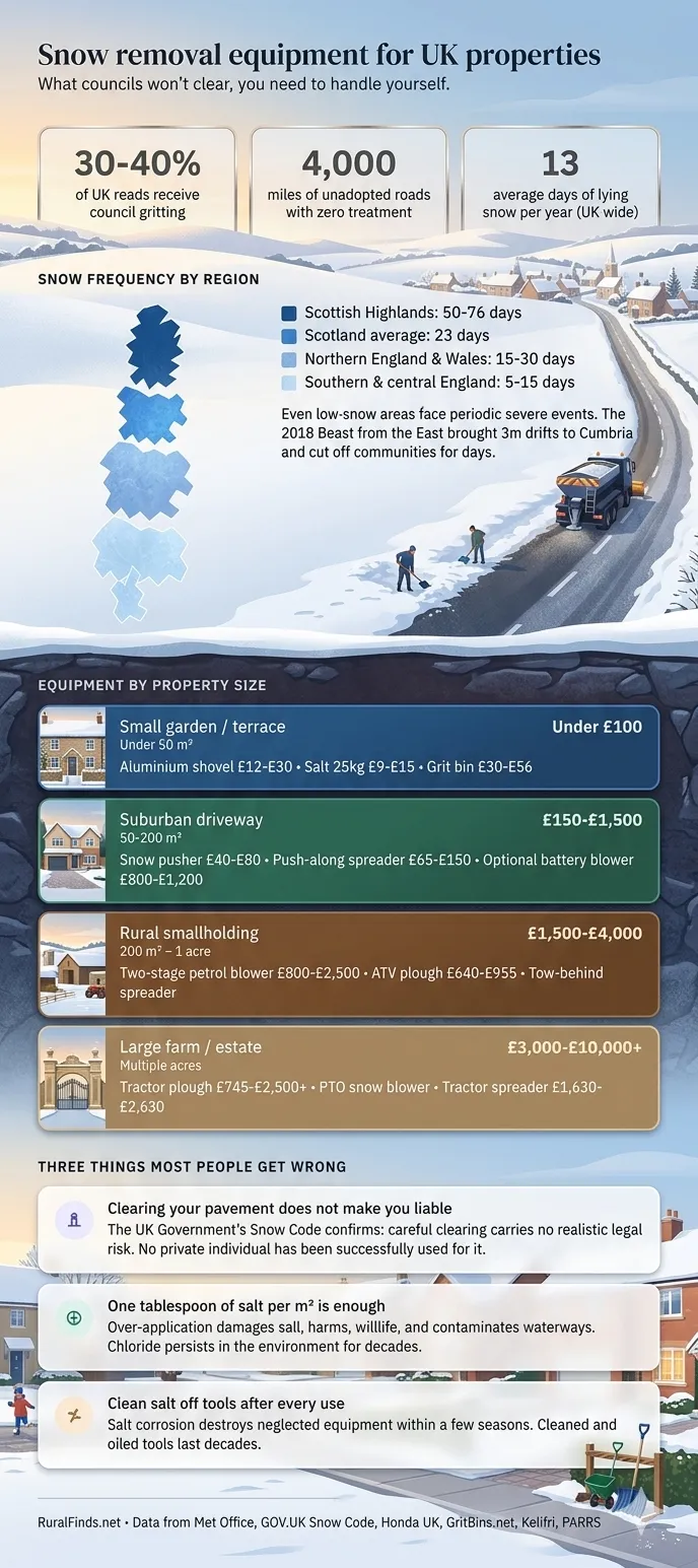 Infographic illustrating the range of snow removal equipment available for UK properties, including hand tools, powered snow blowers, and vehicle-mounted attachments.