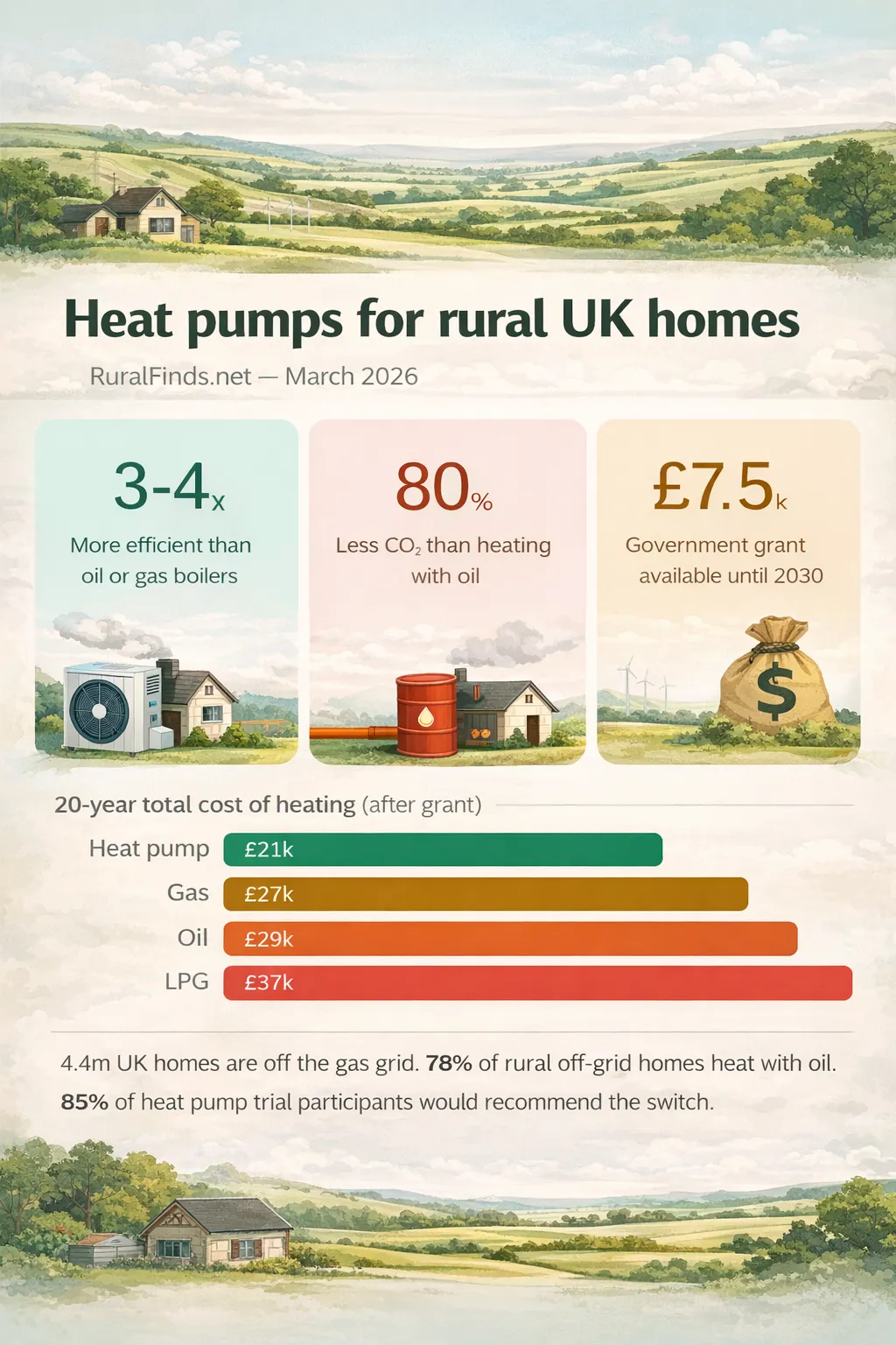 Infographic showing the benefits of heat pumps for rural UK homes, including efficiency, cost savings, and carbon reduction.
